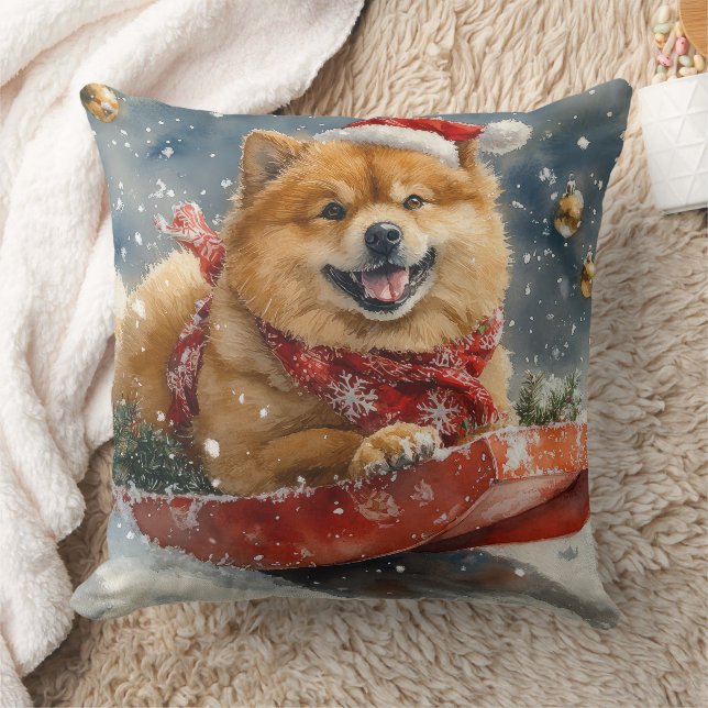 Chow Chow Hund i Släde Låt det Snöa Jul Kudde (Filt)