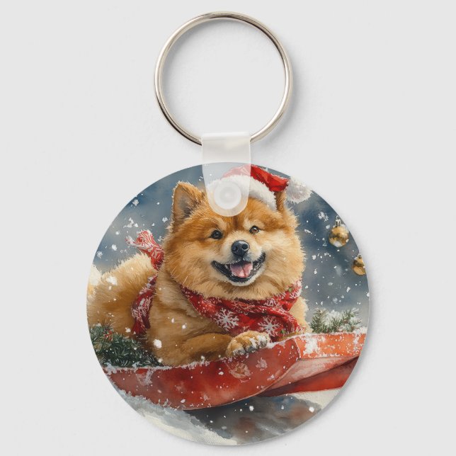 Chow Chow Hund i Släde Låt det Snöa Jul Nyckelring (Framsida)