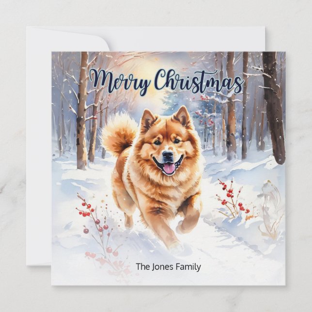 Chow Chow Hund I Snö Vattenfärg God Jul Julkort (Framsida)