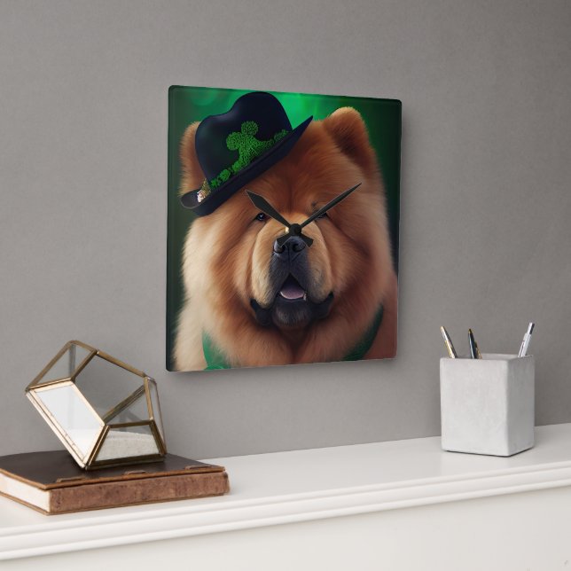 Chow Chow-hund i St. Patrick's Day-dräkt Fyrkantig Klocka (Kontor)
