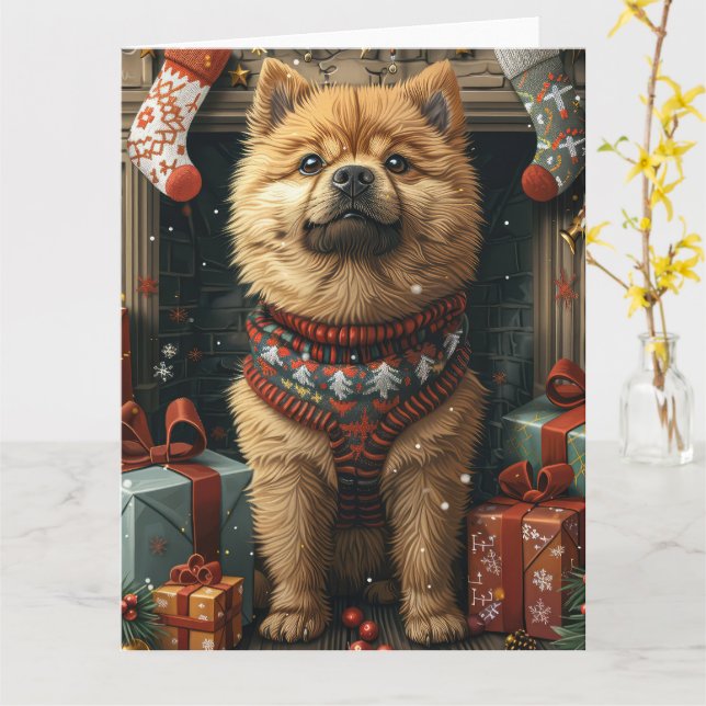 Chow Chow Hund Med Julpresenter Öppen Spis Kort (Gul blomma)