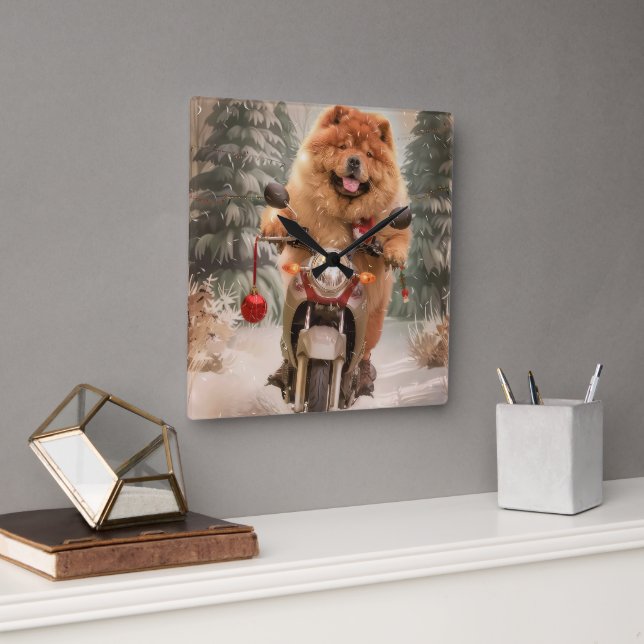 Chow Chow Hund Ridande Motorcykel Jul Fyrkantig Klocka (Kontor)