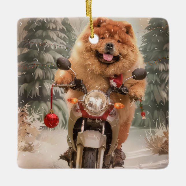 Chow Chow Hund Riding Motorcykel jul Julgransprydnad Keramik (Framsida)