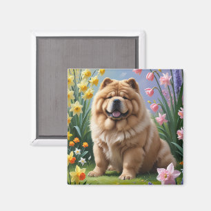 Chow Chow Hund Vårblommor Målning Magnet