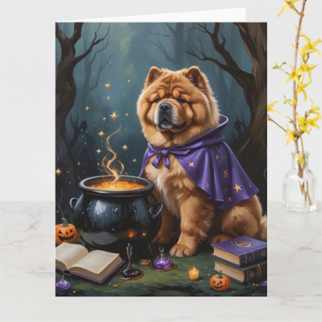 Chow Chow Hund Whimsical Halloween Painting Kort (Gul blomma)