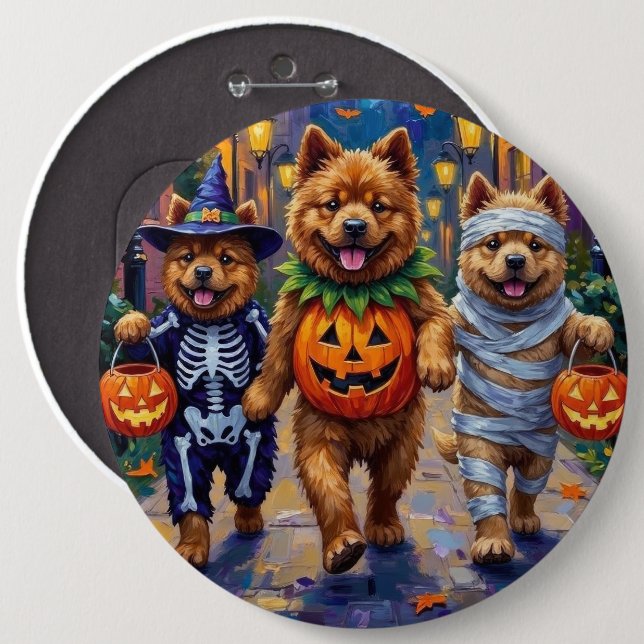 Chow Chow Hundar Busar på Halloweenkostym Knapp (Framsida & baksida)