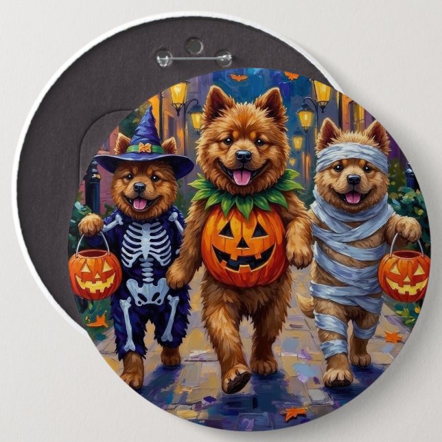 Chow Chow Hundar Trick-or-Treating Halloween Costu Knapp (Framsida & baksida)
