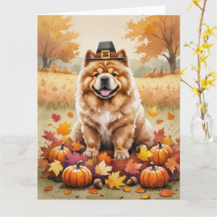 Chow Chow i höstlöv Thanksgiving konst Kort