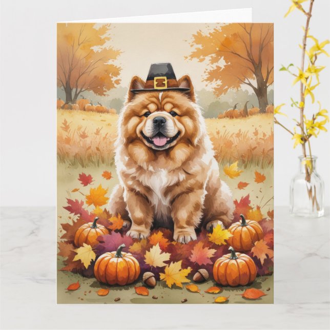 Chow Chow i höstlöv Thanksgiving konst Kort (Gul blomma)