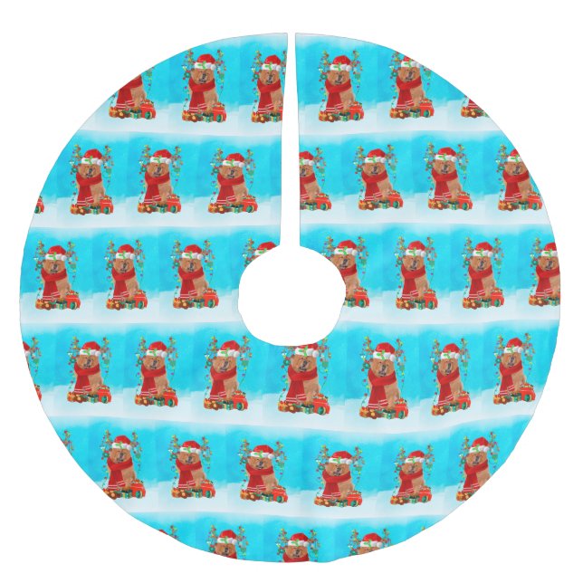 Chow Chow i snö med julklappar Julgransmatta Borstad Polyester (Framsidan)