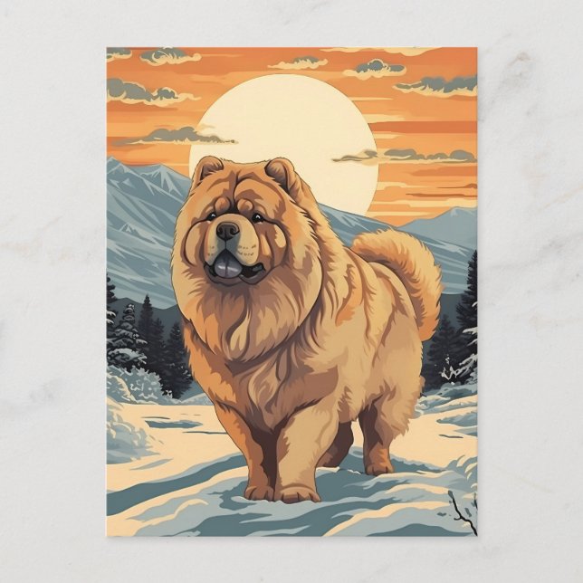 Chow Chow i snöbergen under solnedgången Vykort (Framsida)
