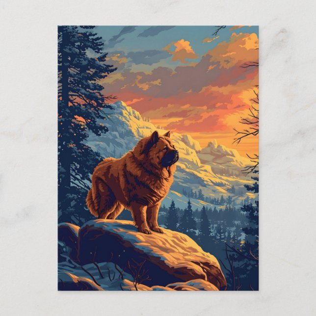 Chow Chow i snöbergen under solnedgången Vykort (Framsida)
