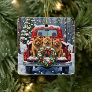 Chow Chow Jul Röd Lastbil Holiday Julgransprydnad Keramik