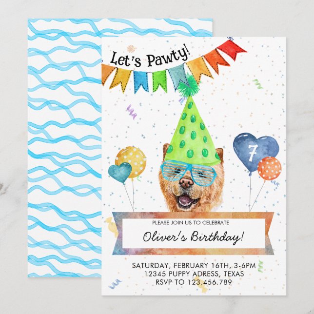 Chow Chow Låter Pawty Hund Födelsedagsfest Inbjudningar (Fram/baksida)