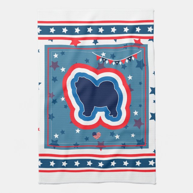 Chow Chow Patriotic Red White och Blue 4 juli Kökshandduk (Vertikal)