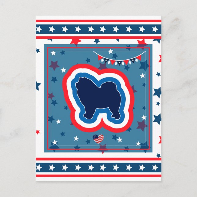 Chow Chow Patriotisk Röd Vit Och Blå 4:e Juli Helg Vykort (Framsida)