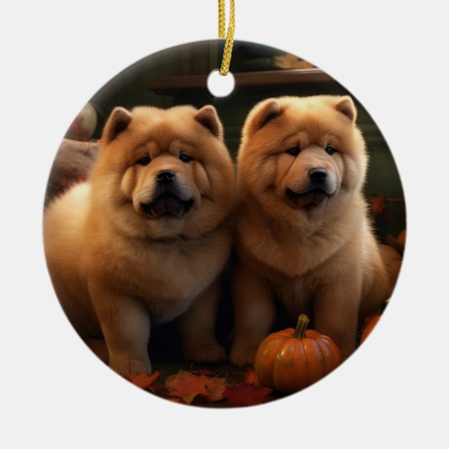 Chow Chow Puppy Autumn Delight Pumpkin Julgransprydnad Keramik (Framsidan)