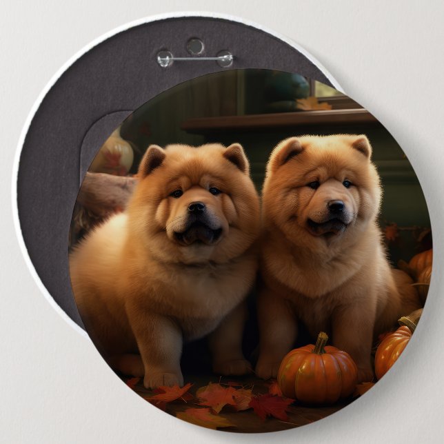 Chow Chow Puppy Autumn Delight Pumpkin Knapp (Framsida & baksida)