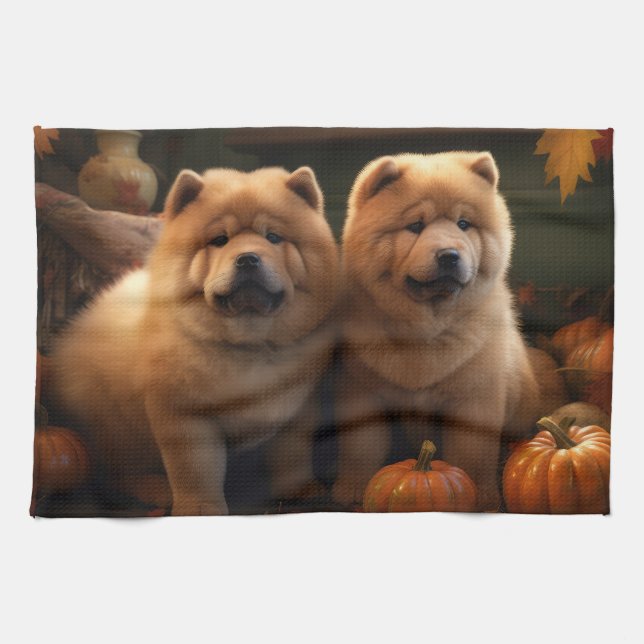 Chow Chow Puppy Autumn Delight Pumpkin Kökshandduk (Horisontell)