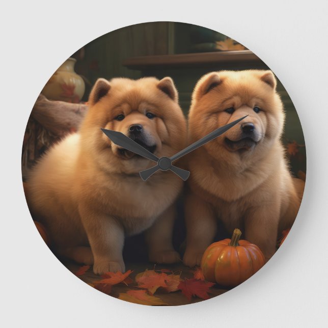 Chow Chow Puppy Autumn Delight Pumpkin Stor Klocka (Framsida)