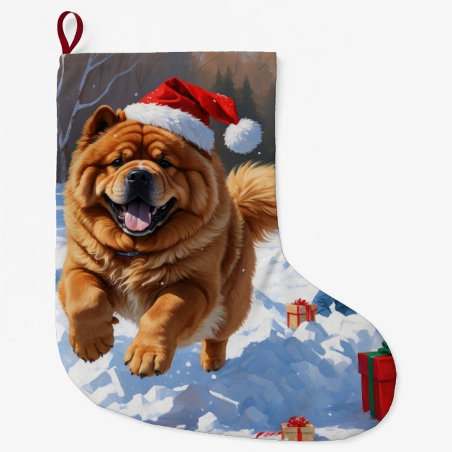 Chow Chow Runin i Snö med julklapp Stor Julstrumpa (Framsidan)