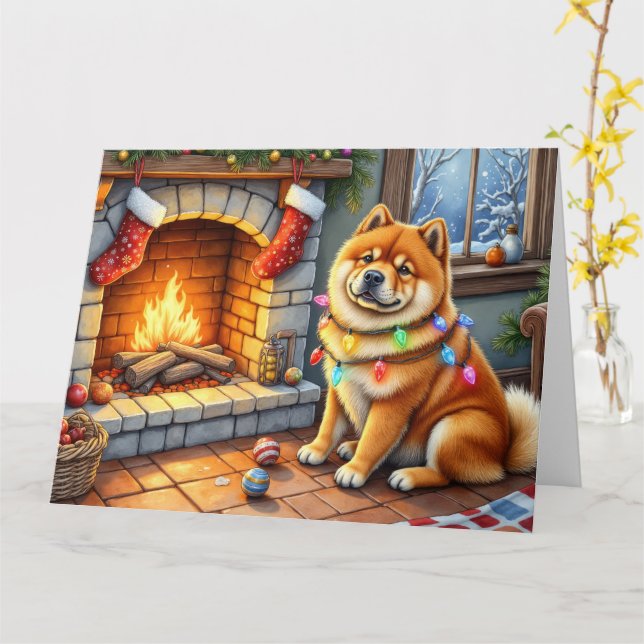 Chow Chow Sitting Fireplace with Christmas Lights Kort (Gul blomma)