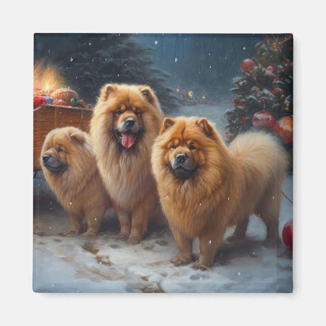 Chow Chow Snowy Sleigh-juldekretet Magnet (Framsidan)