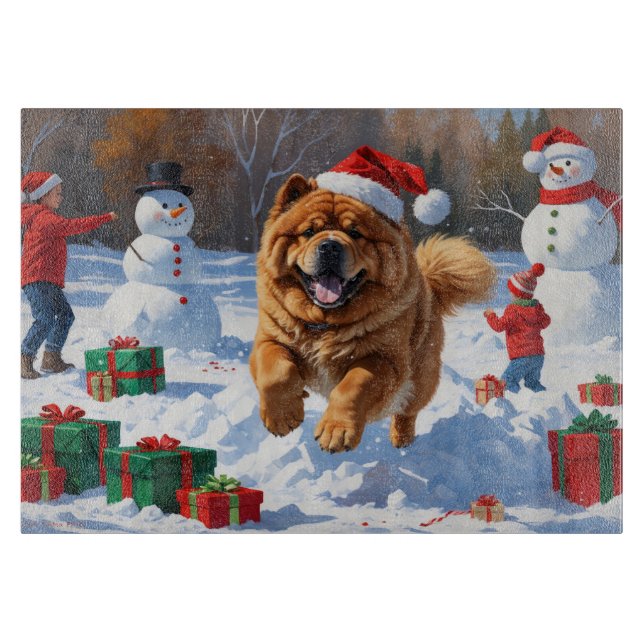 Chow Chow springar i snö med julhatt (Framsidan)