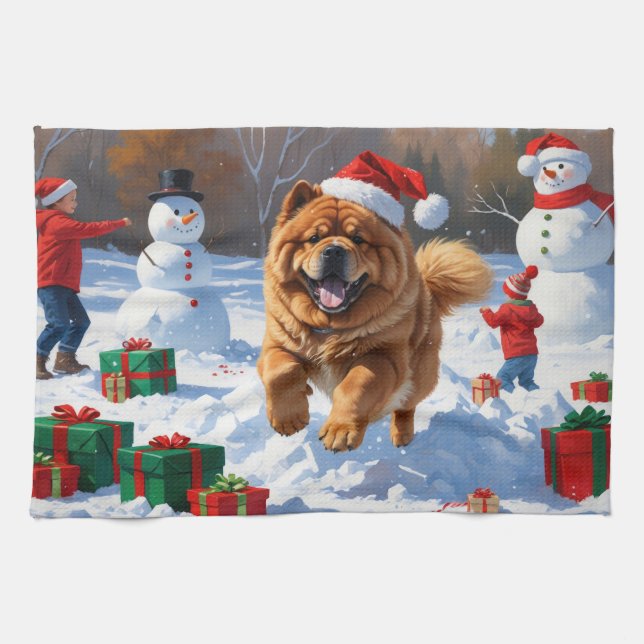 Chow Chow springar i snö med julhatt Kökshandduk (Horisontell)