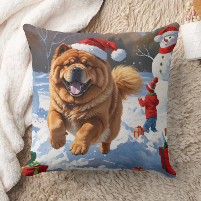 Chow Chow springar i snö med julhatt Kudde (Filt)