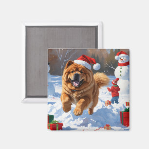 Chow Chow springar i snö med julhatt Magnet