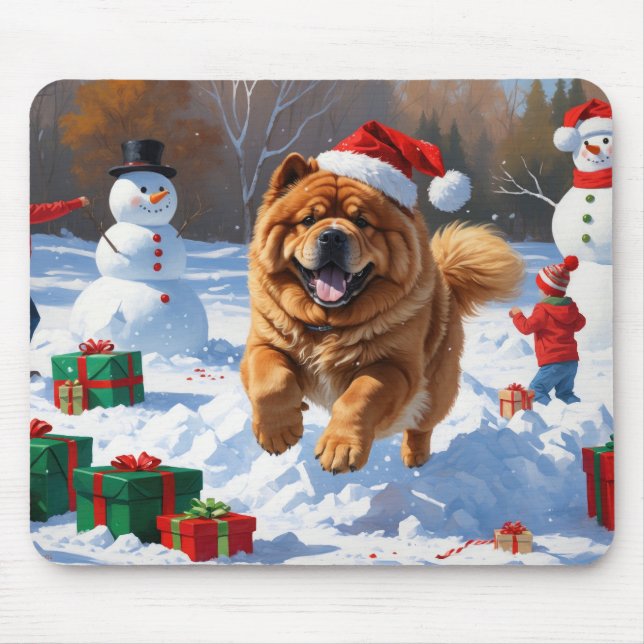 Chow Chow springar i snö med julhatt Musmatta (Framsidan)