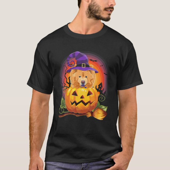Chow Chow Witch Pumpkin Halloween Hund älskare T Shirt (Framsida)