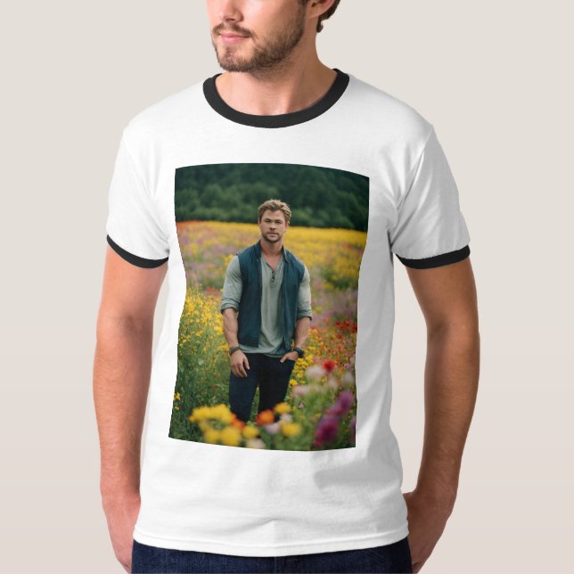 Chris Hemsworth Namnteckning Embroied Manar Basic T Shirt (Framsida)
