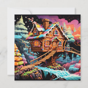 Chrismas psychedelic gingerbrowtreehouse julkort