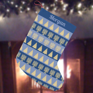 Chrismukah Guld Menorah Träd Rand Mönster Liten Julstrumpa