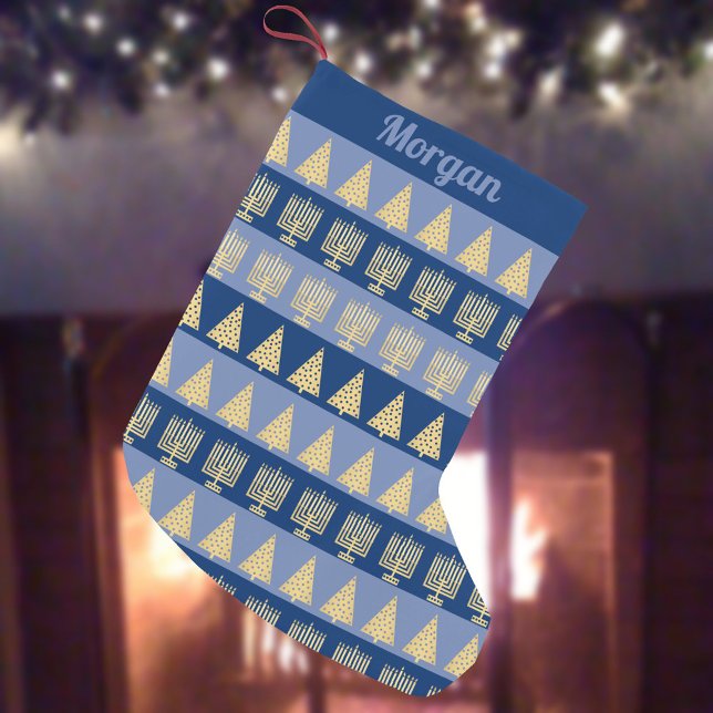 Chrismukah Guld Menorah Träd Rand Mönster Liten Julstrumpa (Add your child's name to this fun interfaith holidays Hanukkah Christmas stocking)