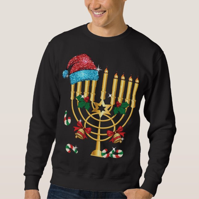 Chrismukah Hannukah Santa Hat-familjens julafton Lång Ärmad Tröja (Framsida)