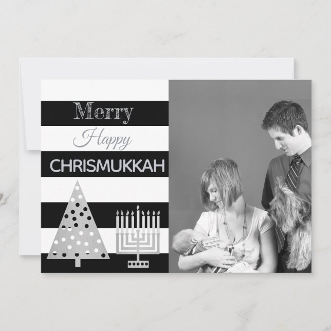 Chrismukah Photo Black and White Rand Silver Julkort (Framsida)