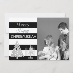 Chrismukah Photo Black and White Rand Silver Julkort