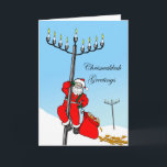 Chrismukkah Interfaith helgdag, Santa och menora Helgkort<br><div class="desc">Chrismukkah hälsningar! Klättrar jultomten upp en menora i forma av en ljus pol/streetlight. Hans gåva hänger lös fylls med gelt och dreidels. Någon av gelten har stupat ut på snön. Fira Hanukkah och jul med detta interfaith hälsningkort. Santa inslagartighet av JohnnyAutomatic/Openclipart. Avbilda, och versen tar copyrightt på ©Shoaff Ballanger studior,...</div>