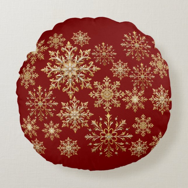 Christams Gold and Red Snowflake  Rund Kudde (Framsidan)