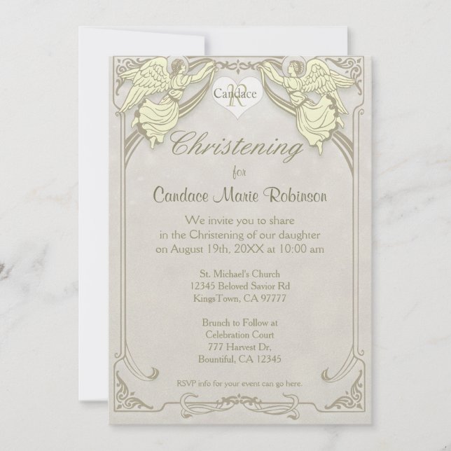 Christening | Angel Monogram Inbjudningar (Framsida)