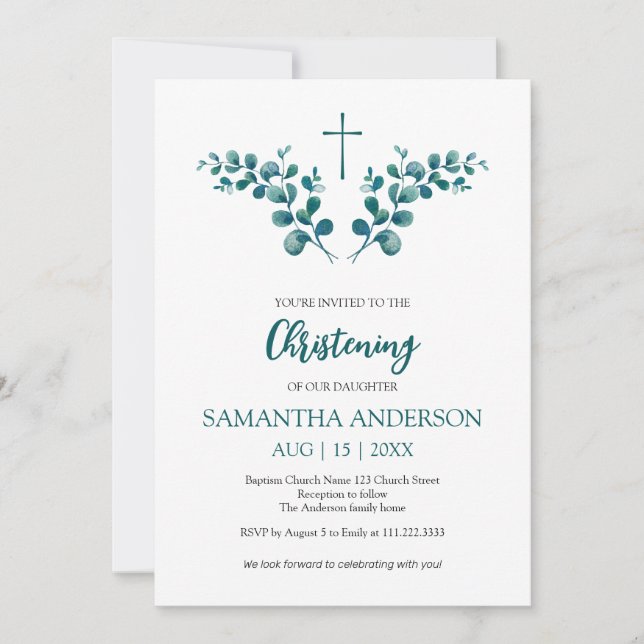 Christening Baptism Eucalyptus Greenery minimalist Inbjudningar (Framsida)