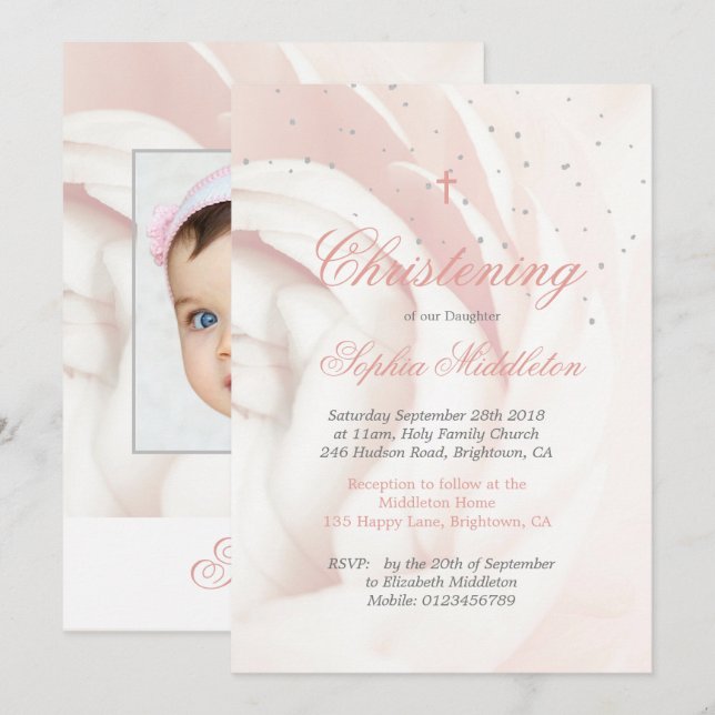 Christening Baptism Photo Girl Rosa ros Silver Inbjudningar (Fram/baksida)