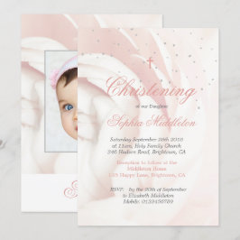 Christening Baptism Photo Girl Rosa ros Silver Inbjudningar
