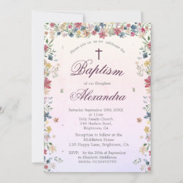 Christening Baptism Rosa Blommigt Flowers Girls Inbjudningar