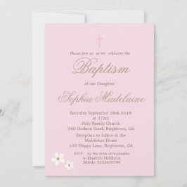 Christening Baptism Rosa Blommigt Girl Guld Inbjudningar