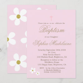 Christening Baptism Rosa Blommigt Girl Guld Inbjudningar