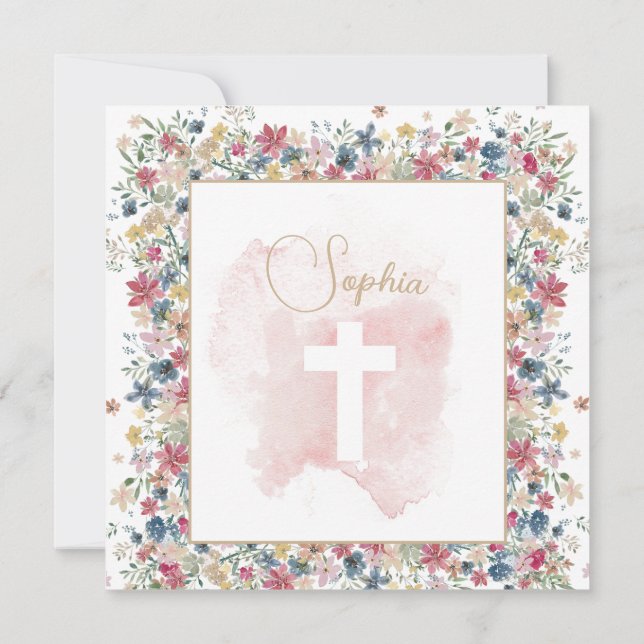 Christening Baptism Rosa Blommigt Religiösa Kor Inbjudningar (Baksida)